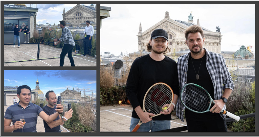 Eric Demuth (Bitpanda) et Stan Wawrinka sur les toits de Paris/ David Chreng (Leadblock Partners) et Sébastien Borget (The Sandbox), profitant de la vue Eric Demuth (Bitpanda) et Stan Wawrinka sur les toits de Paris/ David Chreng (Leadblock Partners) et Sébastien Borget (The Sandbox), profitant de la vue