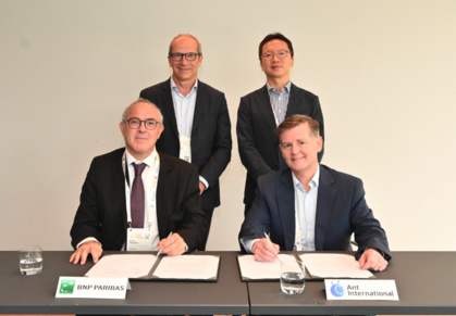 Marc Espagnon, Head of Payment and Cash Management at BNP Paribas, Kelvin Li, GM of Platform Technology at Ant International, Douglas Feagin, President of Ant International and Pierre Fersztand, Global Head of Cash Management, Payments, Trade Solutions & Factoring at BNP